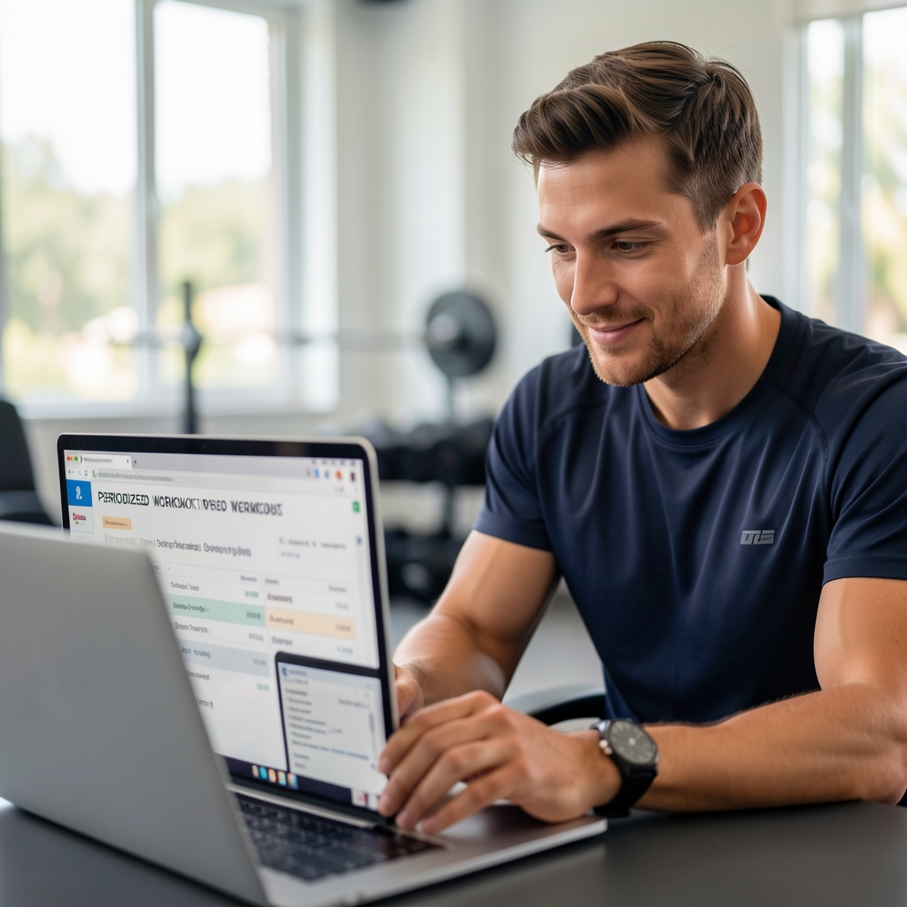 Trainer and client reviewing a periodised workout programme together on a laptop screen in a bright modern studio