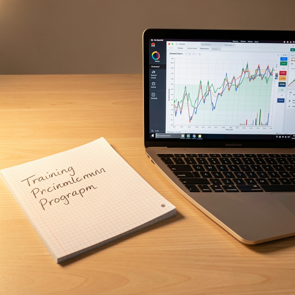 Training programme written on graph paper beside a laptop showing strength data charts, on a clean wooden desk under warm studio lighting