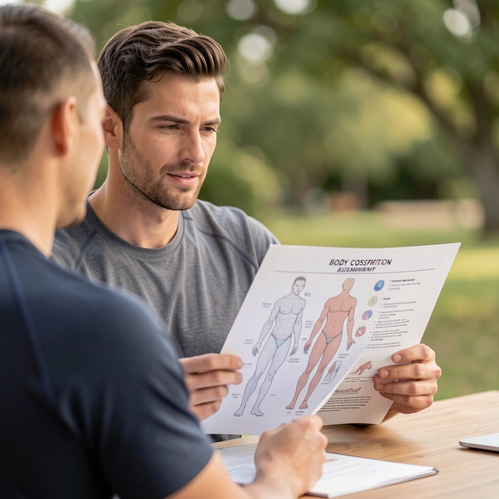 Fitness coach reviewing a printed body composition assessment chart with a client seated across from them at a consultation table